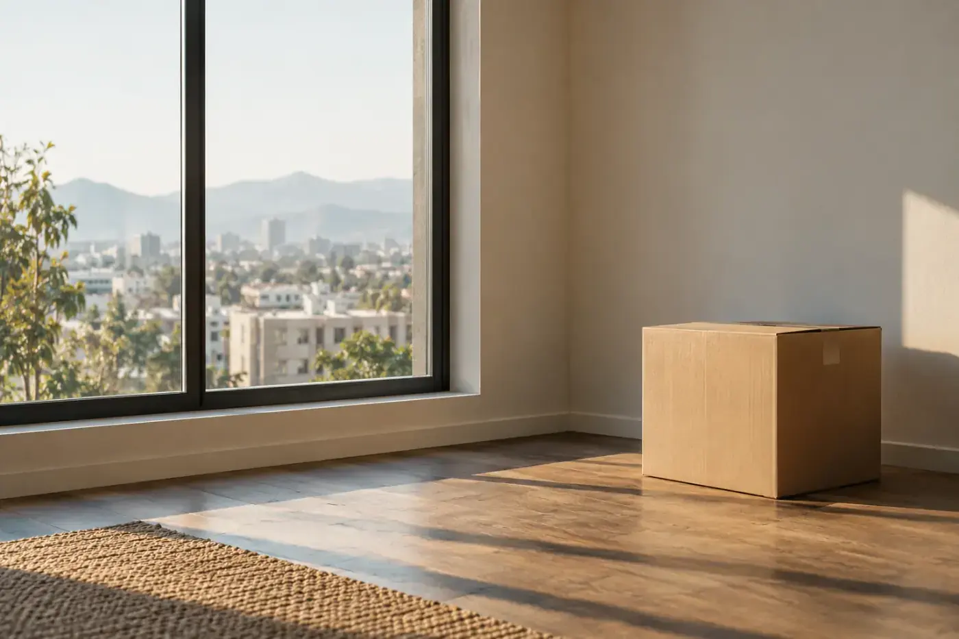 Habitación vacía con suelo de madera y una caja de cartón junto a un ventanal con vista a la ciudad