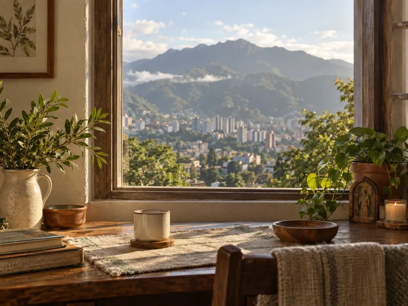 Ventana con vista a una ciudad entre montañas, con plantas y una taza sobre la mesa