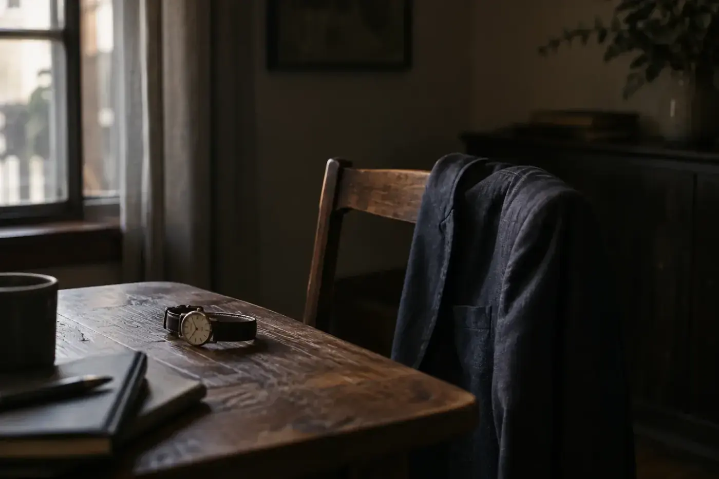 Chaqueta oscura colgada del respaldo de una silla de madera junto a una mesa con un reloj y una libreta