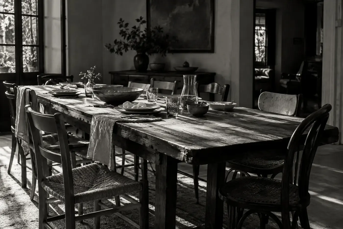 Fotografía en blanco y negro de una mesa larga de comedor con platos, vasos y sillas de madera en una casa antigua