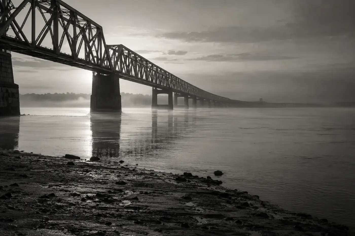 Fotografía en blanco y negro de un puente metálico sobre un río ancho con niebla al amanecer