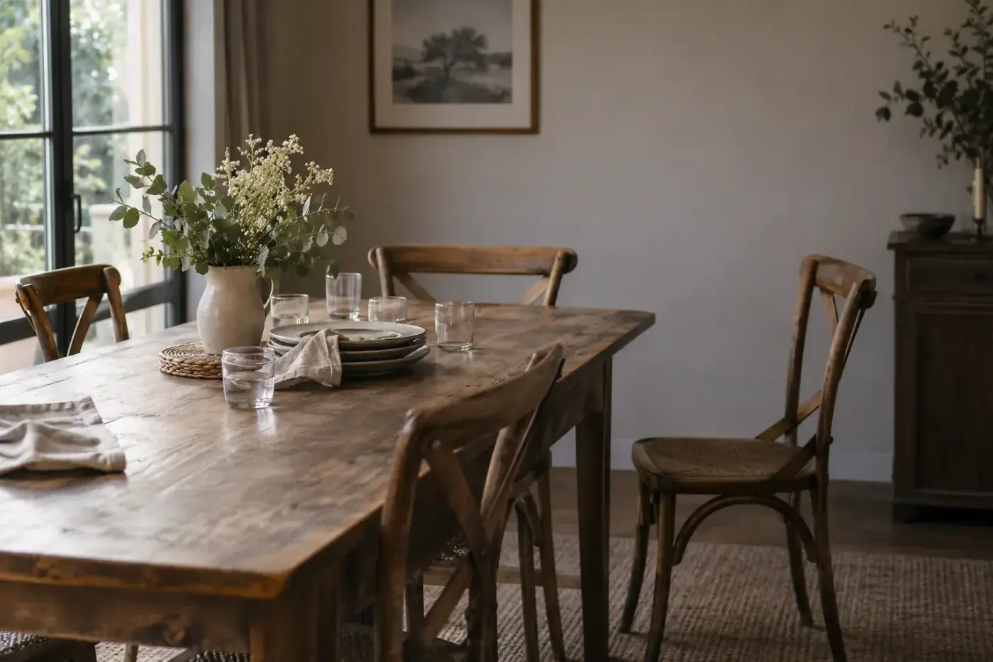 Comedor con mesa larga de madera, sillas de bistró y flores blancas en un jarrón con luz de tarde
