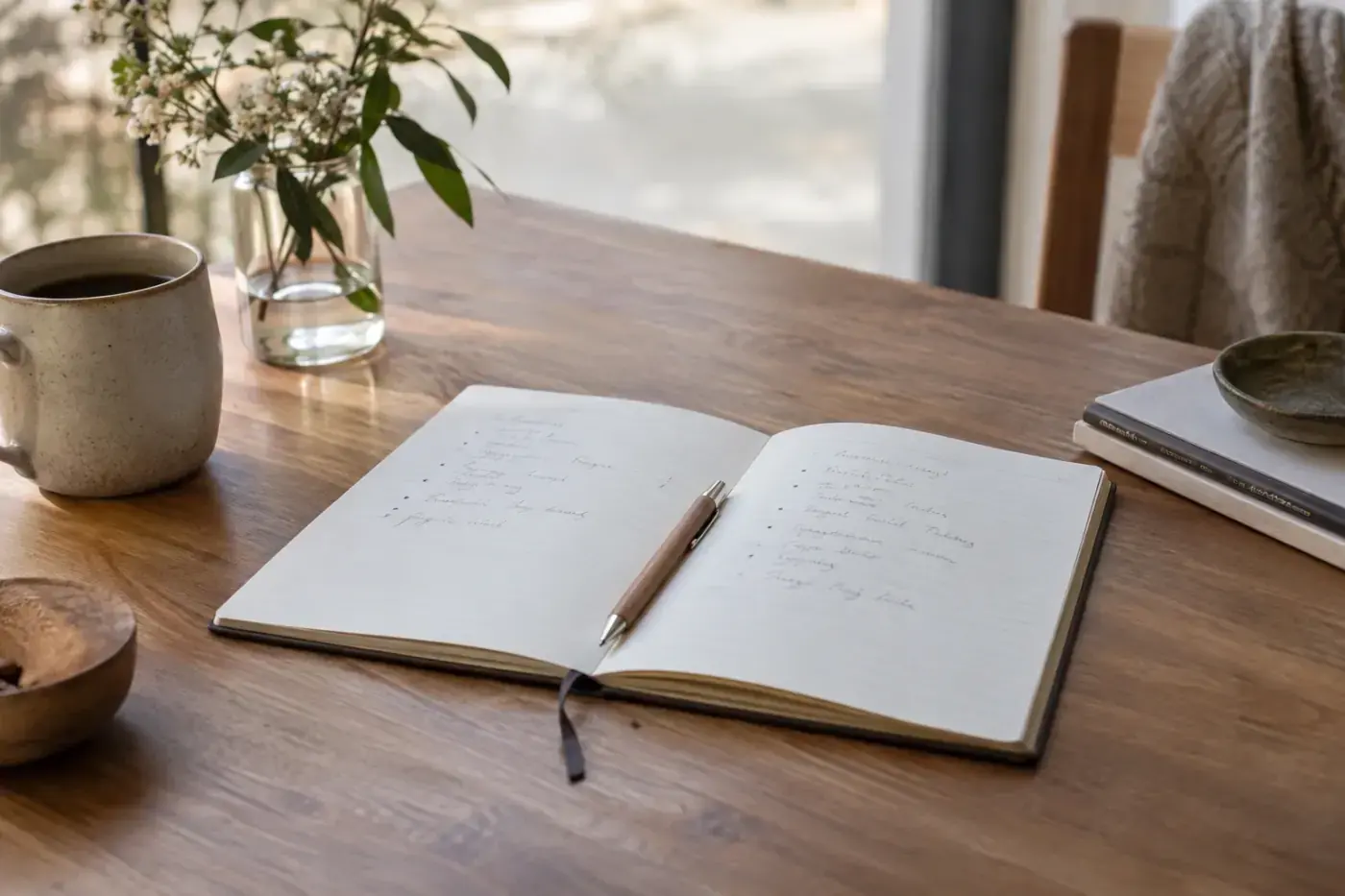 Cuaderno abierto con notas escritas a mano y un bolígrafo sobre una mesa de madera con flores