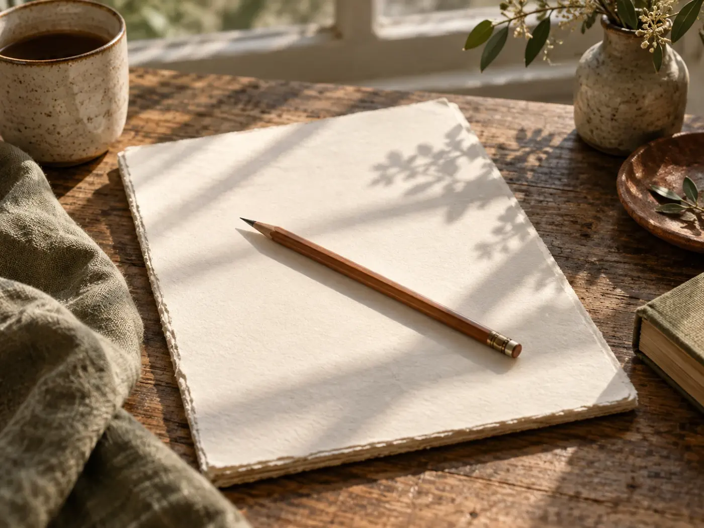 Cuaderno en blanco con un lápiz sobre una mesa de madera iluminada por el sol