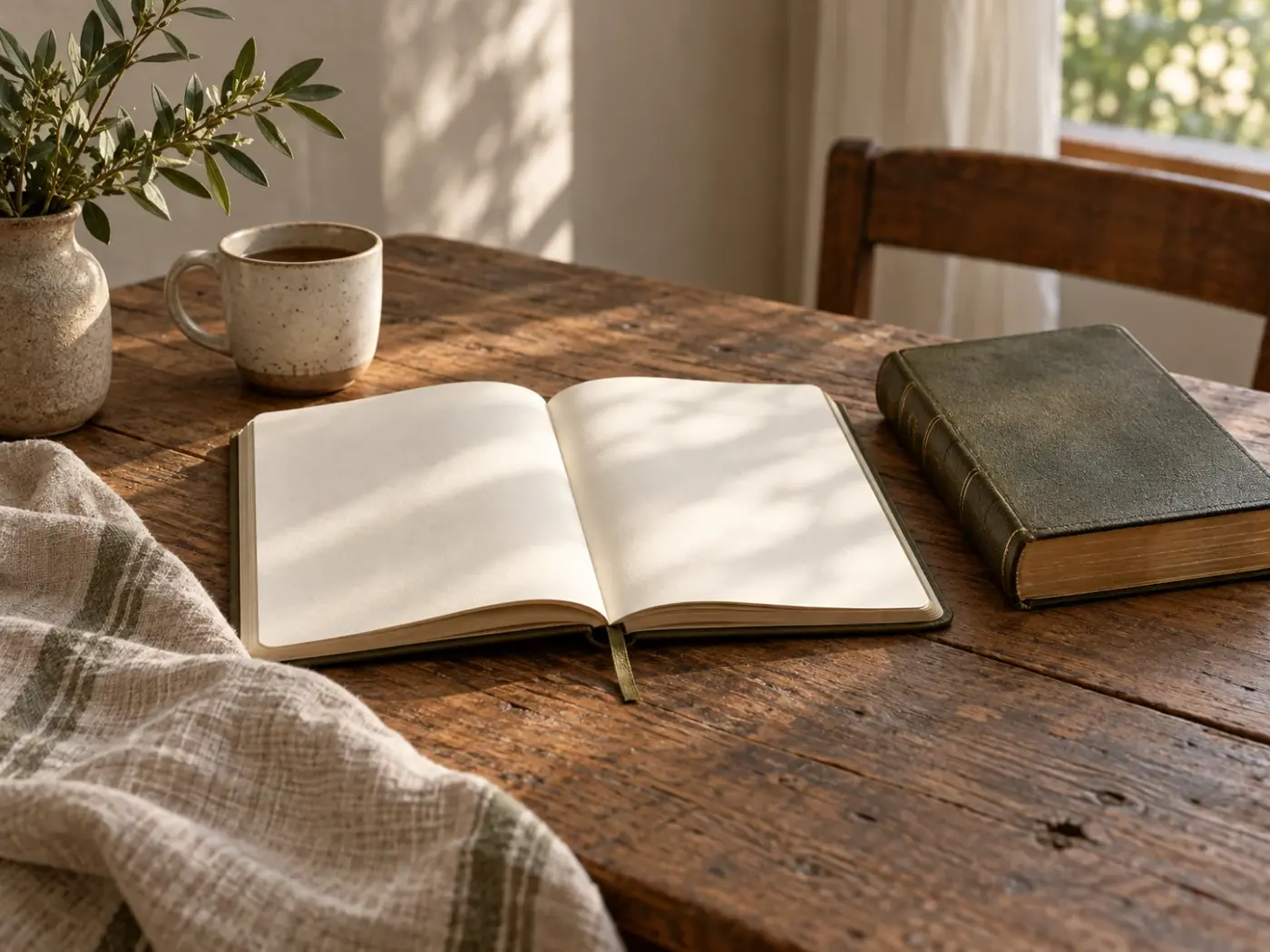 Cuaderno abierto sobre una mesa de madera con la luz de la ventana y una manta de lino