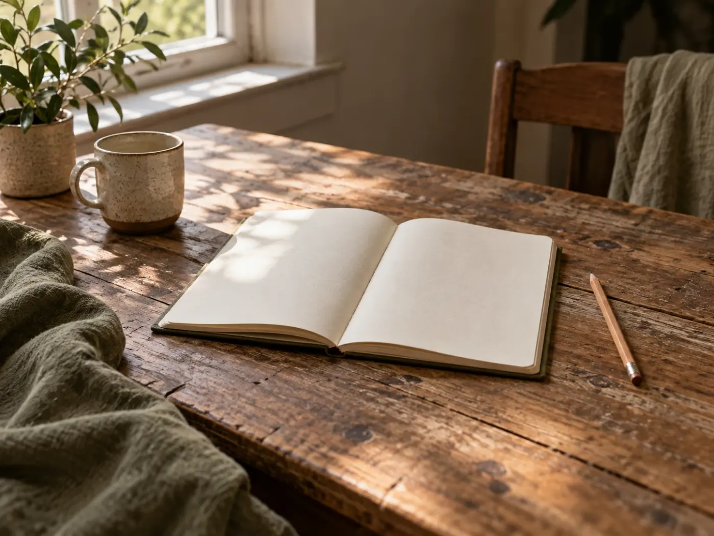 Cuaderno abierto con un lápiz sobre una mesa de madera, junto a una manta y una taza