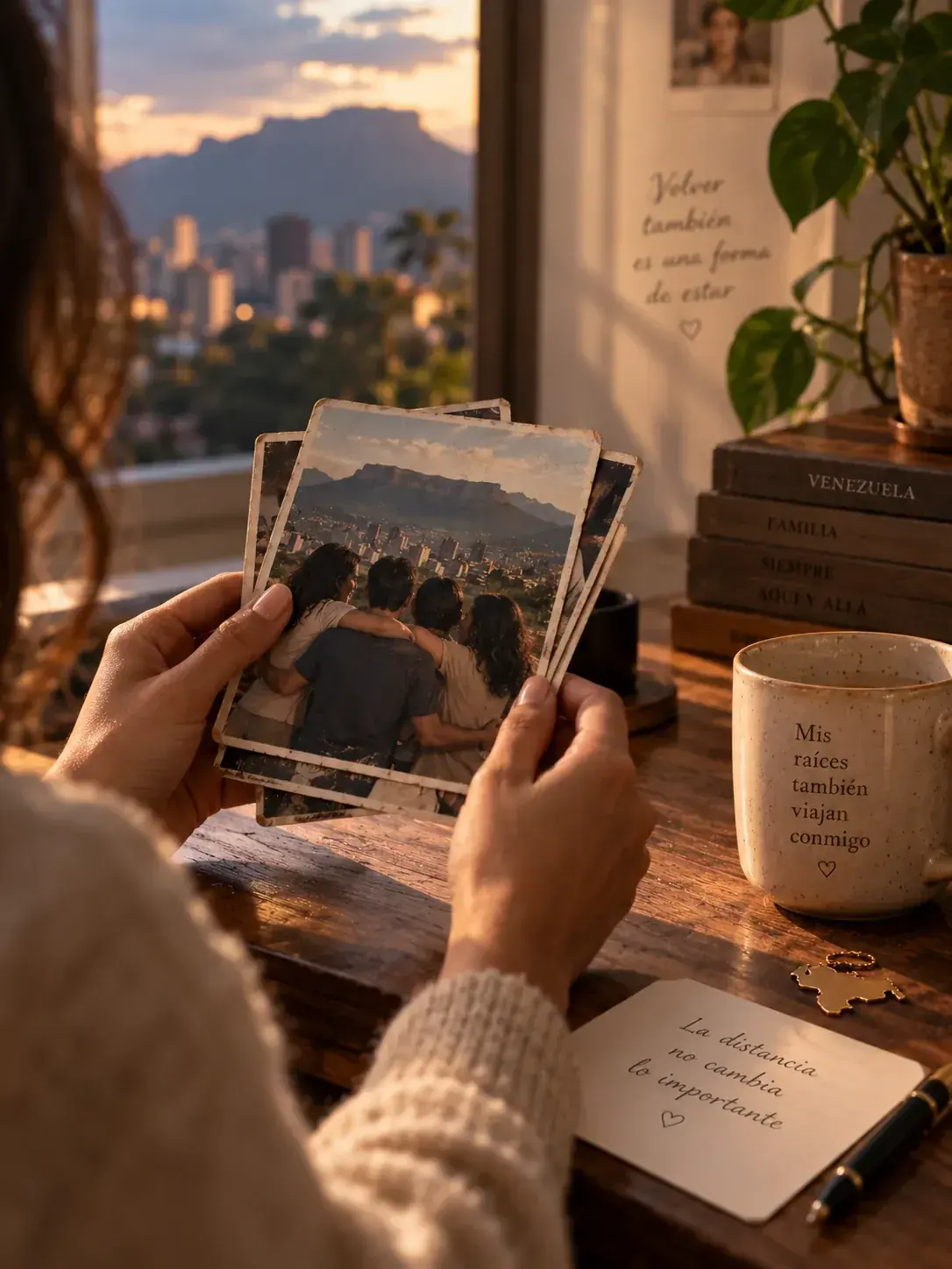 Manos sosteniendo fotos de un grupo de amigos abrazados frente a una montaña, junto a una taza