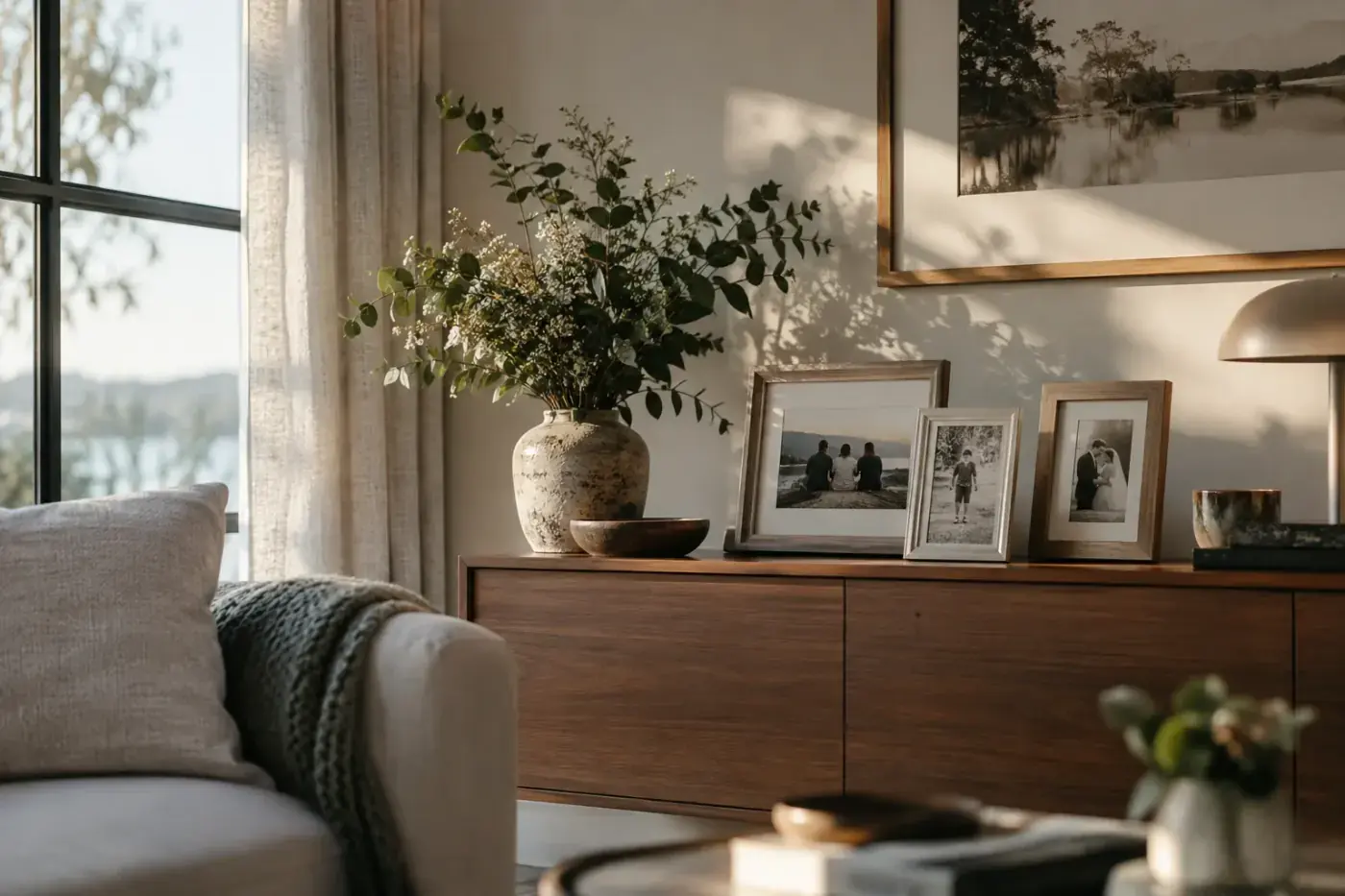 Fotos familiares enmarcadas sobre un mueble de madera en un salón con plantas y un sofá