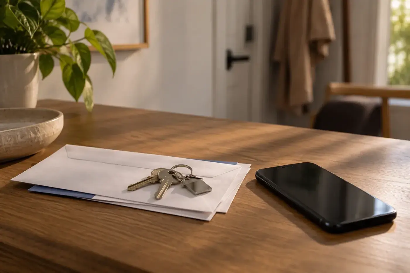 Llaves sobre un sobre blanco y un teléfono celular encima de una mesa de madera