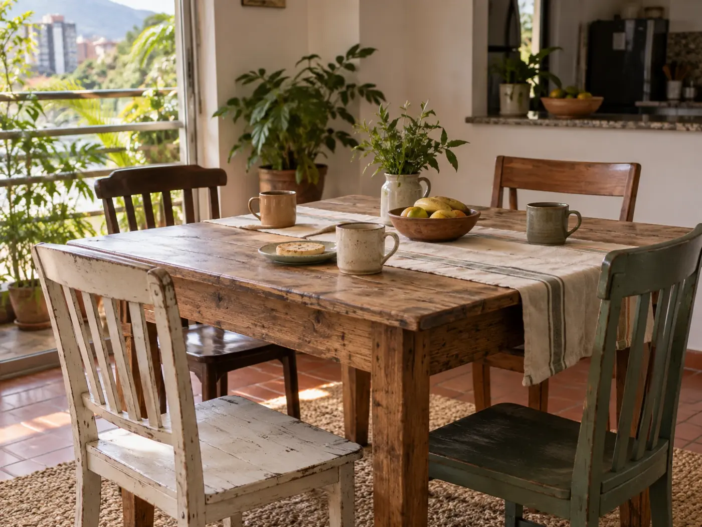 Mesa de comedor de madera con sillas desparejadas, tazas y plantas junto a una ventana con vista a la ciudad