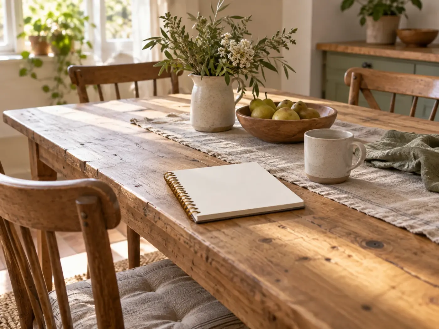 Mesa larga de madera con un mantel de lino, flores en un jarrón y un cuaderno junto a una ventana