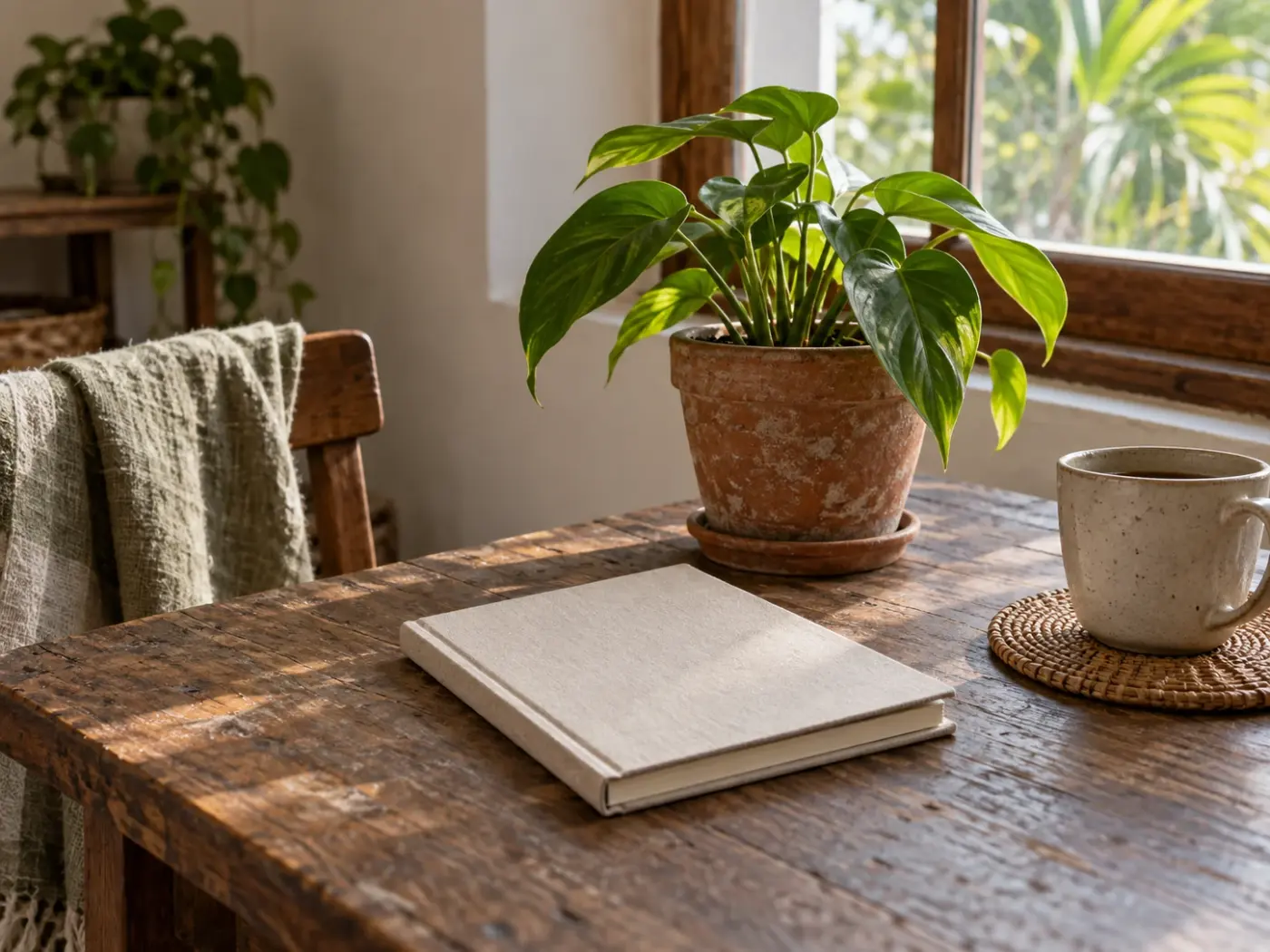 Mesa de madera con una planta en maceta, una taza y un cuaderno junto a la ventana