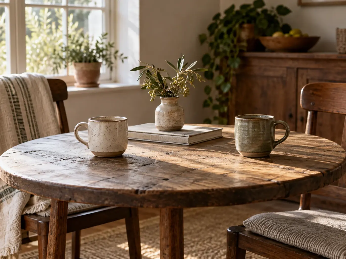 Mesa redonda de madera con tazas y libros junto a sillas con mantas en una sala luminosa