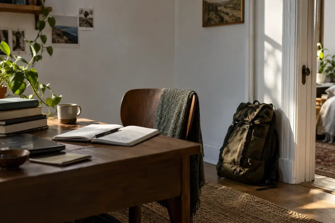 Habitación con un escritorio, libros apilados y una mochila apoyada junto a la puerta