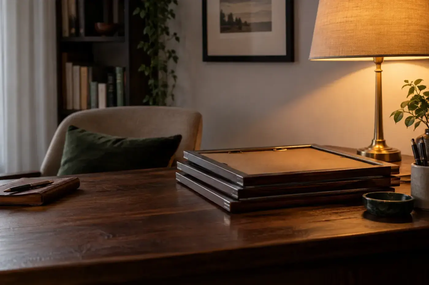 Escritorio de madera iluminado por una lámpara de noche, con libros apilados y un sillón al fondo