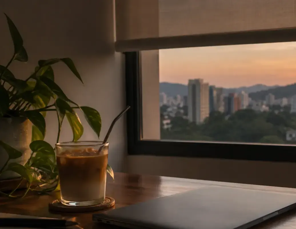 Escritorio con un vaso de café frío y un portátil cerrado frente a una ventana con vista a la ciudad al atardecer
