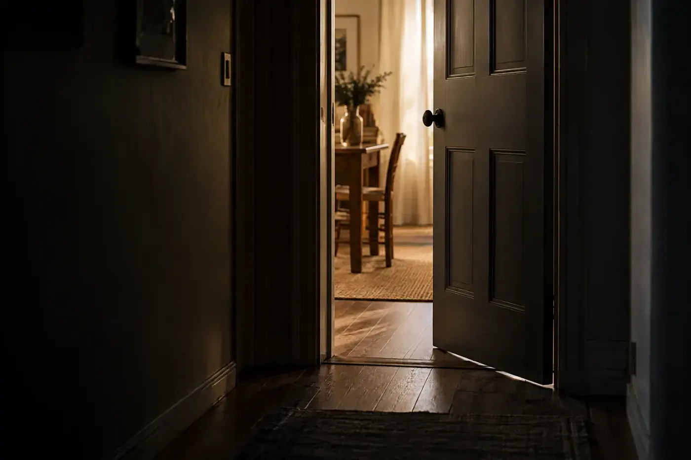 Puerta entreabierta en un pasillo oscuro que deja ver una habitación iluminada con una mesa y sillas