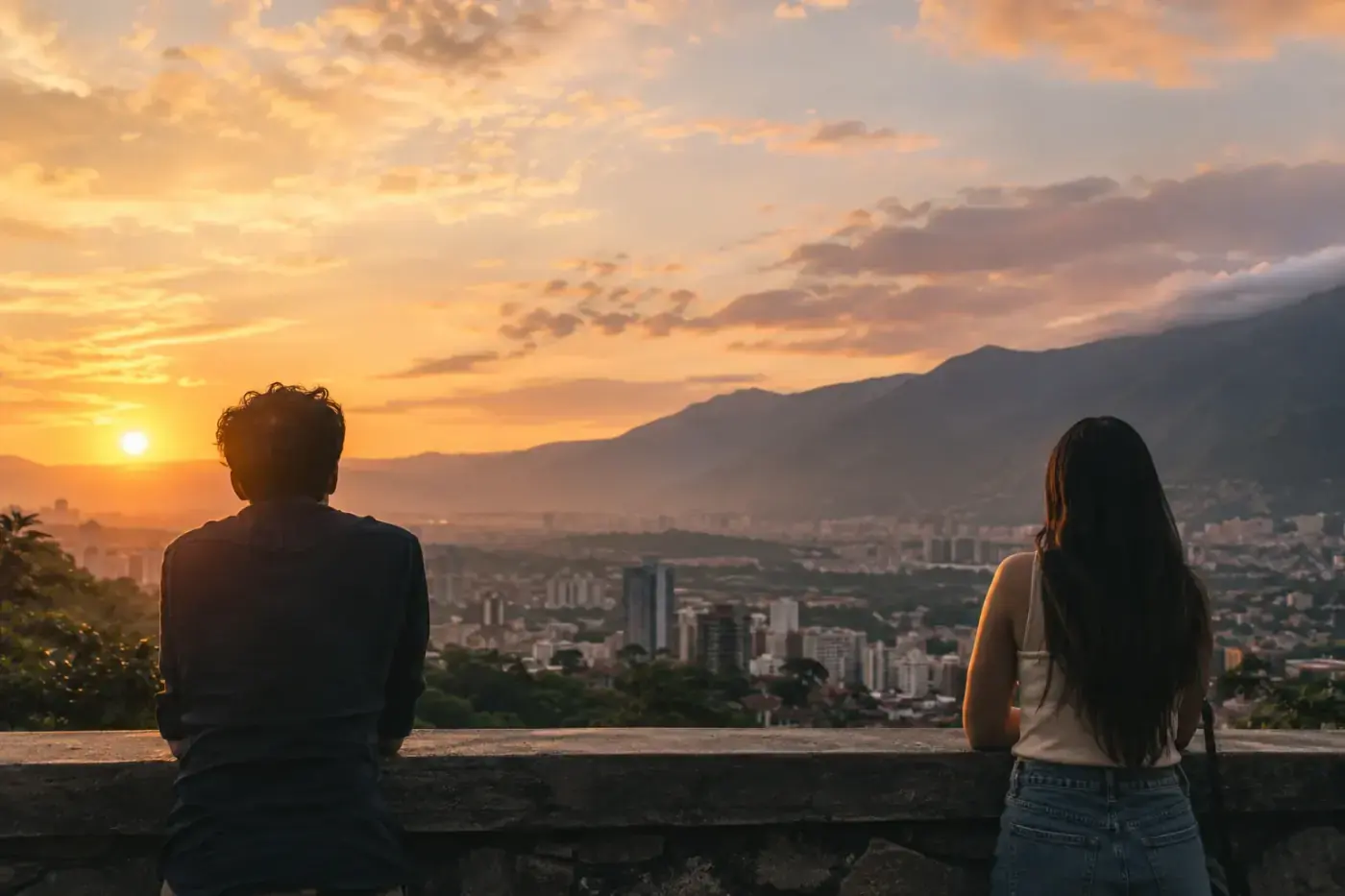 Dos personas de espaldas miran una ciudad entre montañas desde un mirador al atardecer