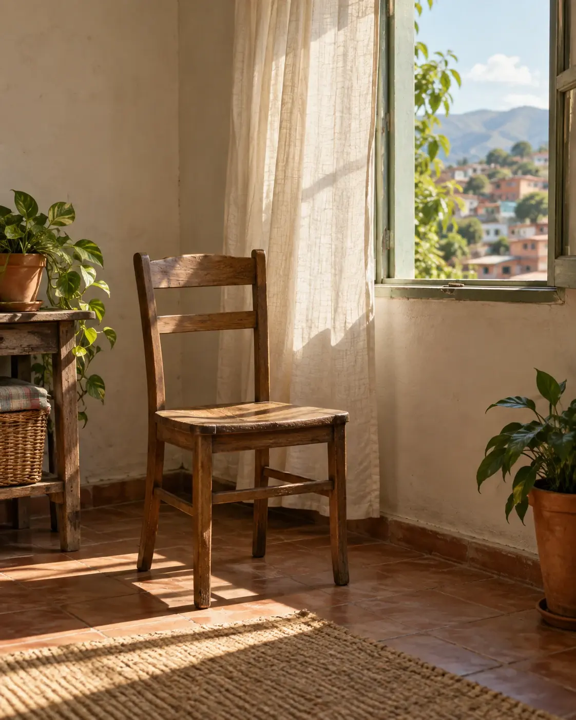 Una silla de madera junto a una ventana abierta con luz de tarde y plantas