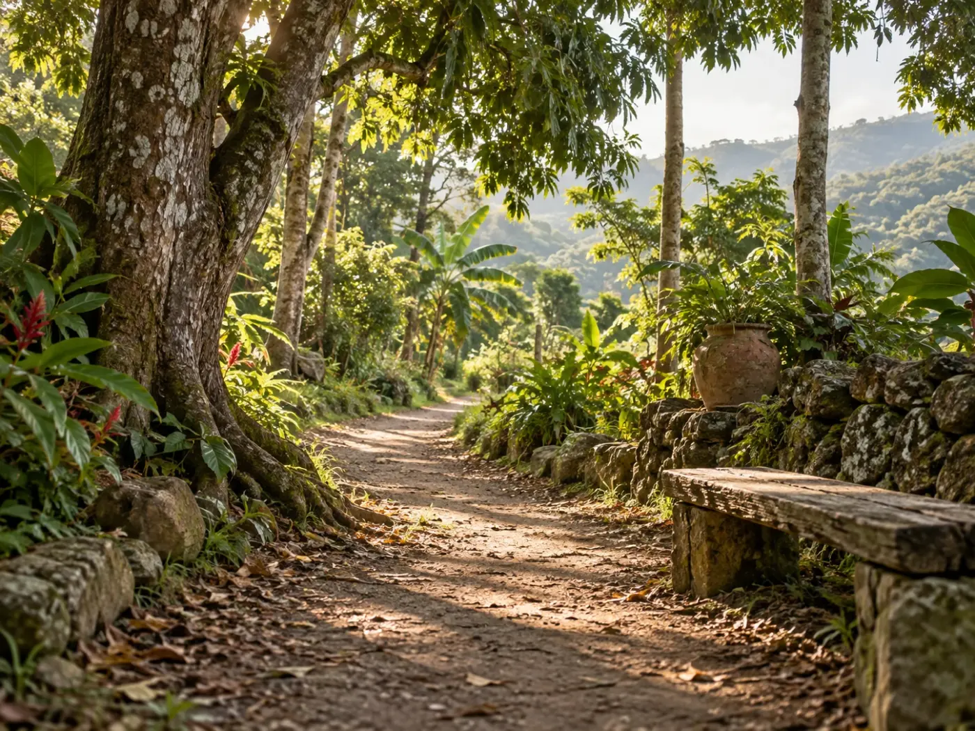 Sendero de tierra bajo árboles grandes con un banco de madera a un lado y montañas al fondo