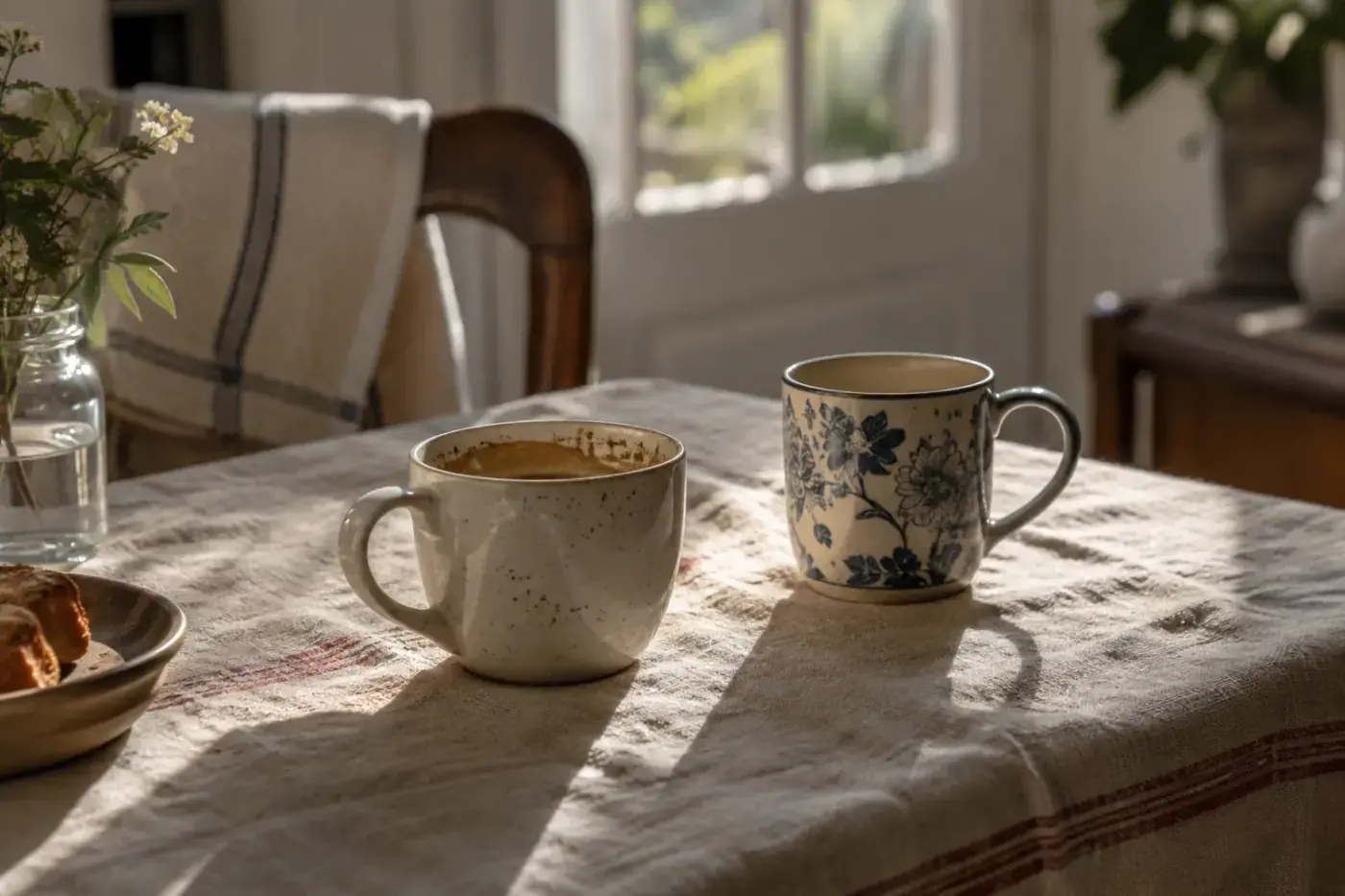 Dos tazas de café sobre un mantel de lino con luz de mañana y una silla de madera al fondo