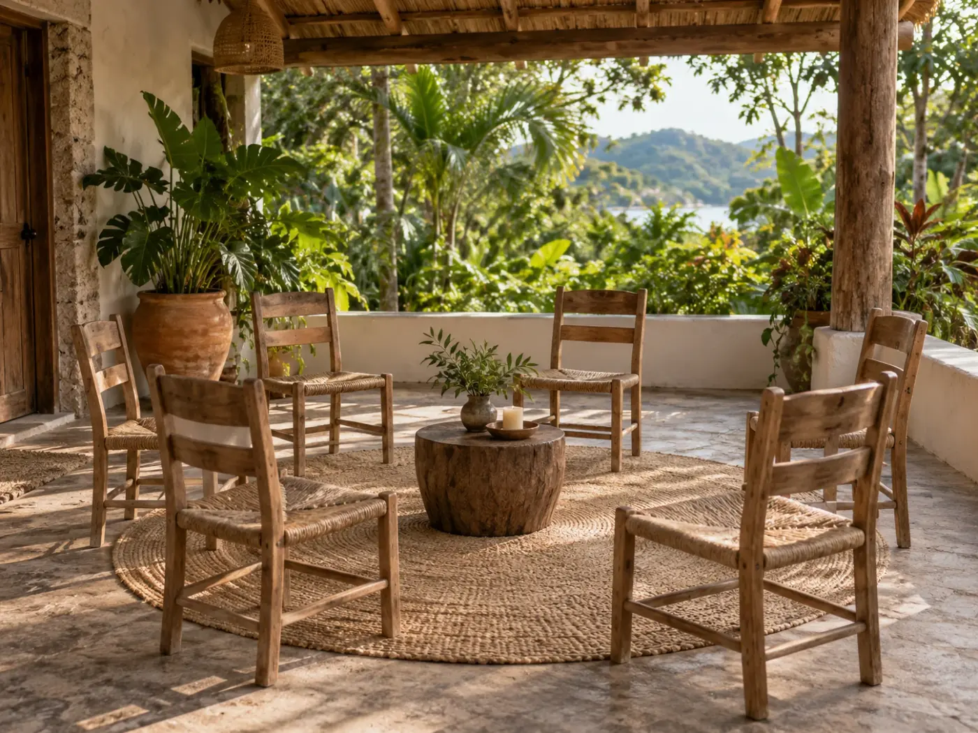 Terraza cubierta con sillas de madera alrededor de una mesa baja y vegetación al fondo