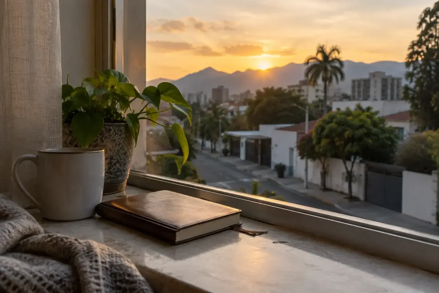Atardecer visto desde una ventana con una planta, una taza y un libro sobre el alféizar