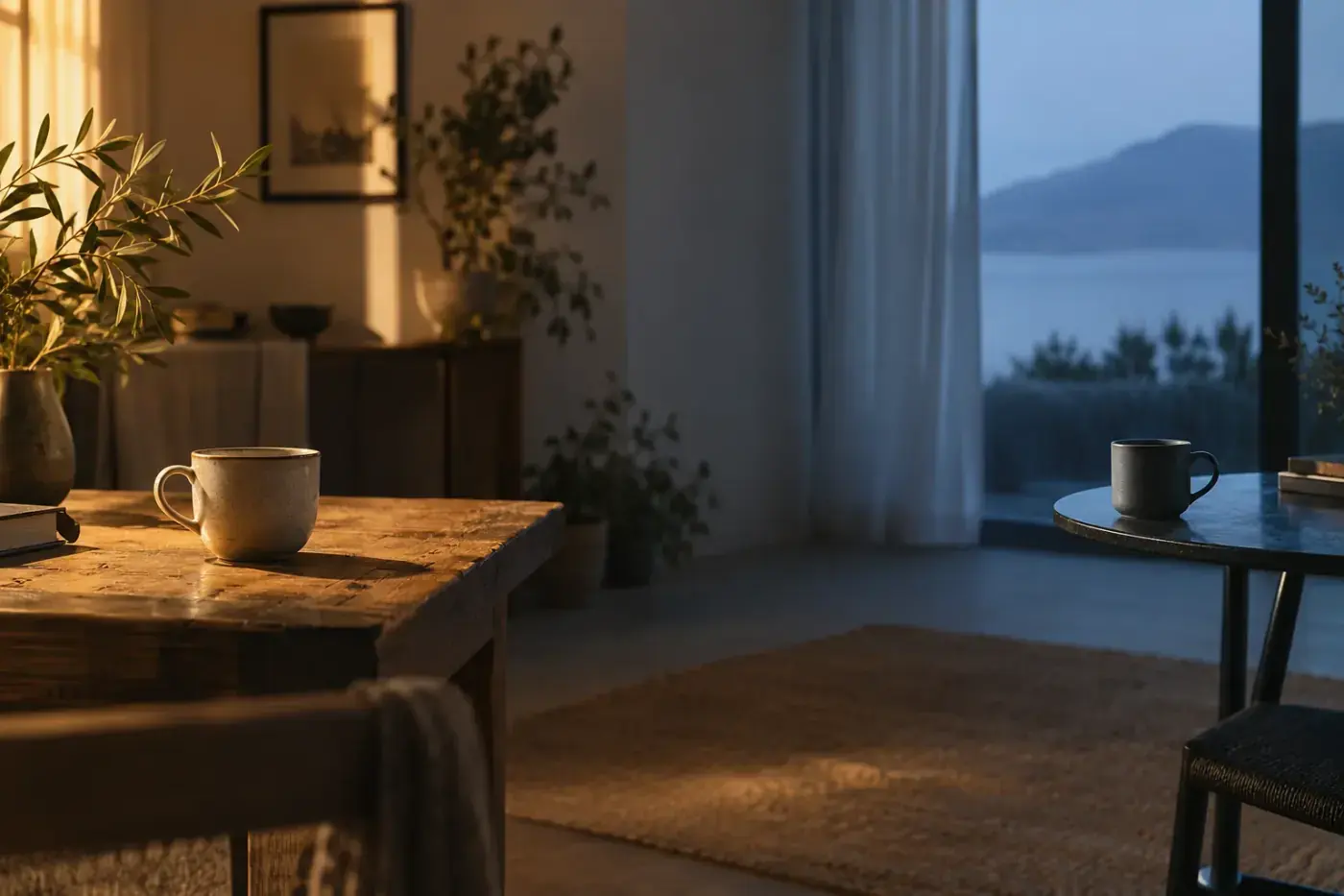 Salón en penumbra con una taza sobre una mesa baja y una ventana con vista al mar al anochecer