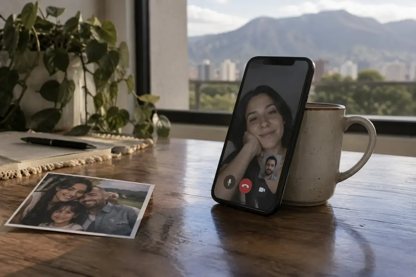 Teléfono apoyado en una taza durante una videollamada familiar, junto a una foto impresa sobre la mesa